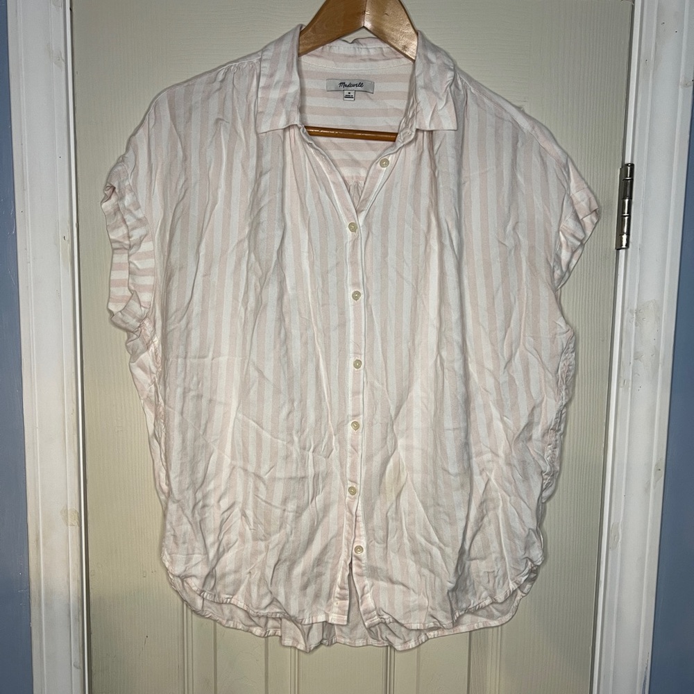 Madewell Shirt Women's M Pink Striped Short Dolman Sleeve Button Up Collard